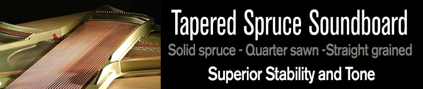 Kawai tapered solid spruce soundboard for superior tone and reliability